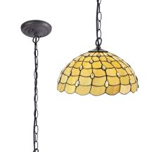 Pacemenu 1 Light Downlighter Pendant E27 With 50cm Tiffany Shade, Beige/Clear Crystal/Aged Antique Brass