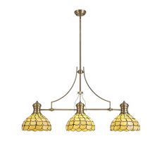 Pacemenu 3 Light Linear Pendant E27 With 30cm Tiffany Shade, Antique Brass, Beige, Clear Crystal