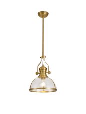 Peninaro Pendant, 1 x E27, Satin Gold With Round 30cm Satin Gold / Clear Glass Shade