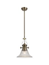 Peninaro 1 Light Pendant E27 With 30cm Bell Glass Shade, Antique Brass/Clear