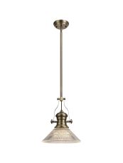 Peninaro 1 Light Pendant E27 With 30cm Cone Glass Shade, Antique Brass/Clear