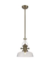 Peninaro 1 Light Multi Height Pendant E27 With 30cm Flat Round Glass Shade, Antique Brass/Clear