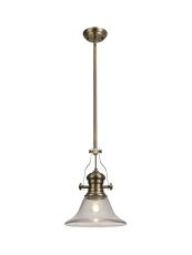 Peninaro 1 Light Multi Height Pendant E27 With 30cm Smooth Bell Glass Shade, Antique Brass/Clear