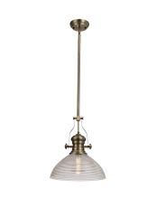 Peninaro 1 Light Multi Height Pendant E27 With 33.5cm Prismatic Glass Shade, Antique Brass/Clear