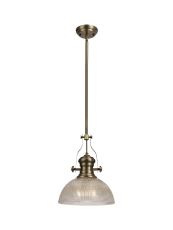 Peninaro 1 Light Pendant E27 With 30cm Prismatic Glass Shade, Antique Brass/Clear