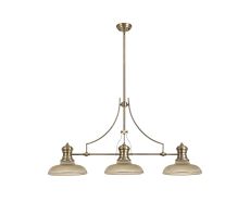 Peninaro 3 Light Linear Multi Height Pendant E27 With 30cm Round Glass Shade, Antique Brass, Amber
