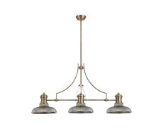 Peninaro 3 Light Linear Multi Height Pendant E27 With 30cm Round Glass Shade, Antique Brass, Smoked
