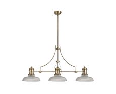 Peninaro 3 Light Linear Pendant E27 With 30cm Round Glass Shade, Antique Brass, Clear