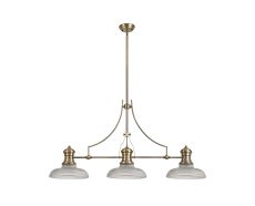 Peninaro 3 Light Linear Multi Height Pendant E27 With 30cm Round Glass Shade, Antique Brass, Clear