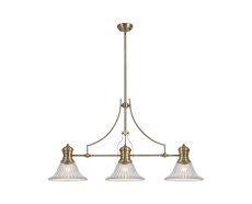 Peninaro 3 Light Linear Pendant E27 With 30cm Bell Glass Shade, Antique Brass, Clear