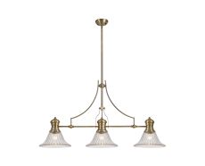 Peninaro 3 Light Linear Multi Height Pendant E27 With 30cm Bell Glass Shade, Antique Brass, Clear