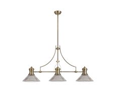 Peninaro 3 Light Linear Multi Height Pendant E27 With 30cm Cone Glass Shade, Antique Brass, Clear
