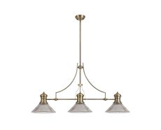 Peninaro 3 Light Linear Pendant E27 With 30cm Cone Glass Shade, Antique Brass, Clear