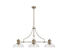 Peninaro 3 Light Linear Pendant E27 With 30cm Flat Round Glass Shade, Antique Brass, Clear