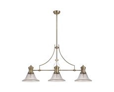 Peninaro 3 Light Linear Pendant E27 With 30cm Smooth Bell Glass Shade, Antique Brass, Clear