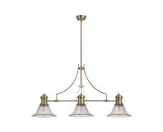 Peninaro 3 Light Linear Multi Height Pendant E27 With 30cm Smooth Bell Glass Shade, Antique Brass, Clear
