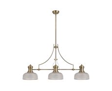 Peninaro 3 Light Linear Multi Height Pendant E27 With 26.5cm Prismatic Glass Shade, Antique Brass, Clear