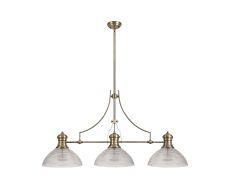 Peninaro 3 Light Linear Multi Height Pendant E27 With 33.5cm Prismatic Glass Shade, Antique Brass, Clear