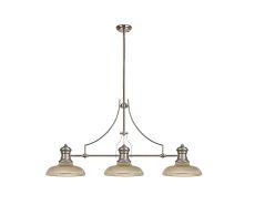 Peninaro 3 Light Linear Multi Height Pendant E27 With 30cm Round Glass Shade, Polished Nickel, Amber