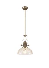 Peninaro Pendant With 30cm Flat Round Patterned Shade, 1 x E27, Antique Brass/Clear Glass