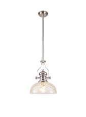 Peninaro Pendant With 30cm Flat Round Patterned Shade, 1 x E27, Polished Nickel/Clear Glass