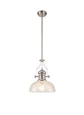 Peninaro Multi Height Pendant With 30cm Flat Round Patterned Shade, 1 x E27, Polished Nickel/Clear Glass