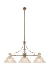 Peninaro Linear Multi Height Pendant With 38cm Patterned Round Shade, 3 x E27, Antique Brass/Clear Glass Item Weight: 19.1kg