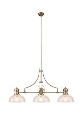 Peninaro Linear Pendant With 30cm Flat Round Patterned Shade, 3 x E27, Antique Brass/Clear Glass