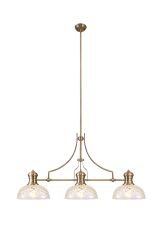 Peninaro Linear Multi Height Pendant With 30cm Flat Round Patterned Shade, 3 x E27, Antique Brass/Clear Glass