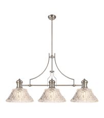 Peninaro Linear Multi Height Pendant With 38cm Patterned Round Shade, 3 x E27, Polished Nickel/Clear Glass Item Weight: 19.1kg