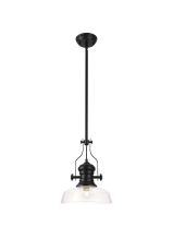 Peninaro 1 Light Pendant E27 With 30cm Flat Round Glass Shade, Matt Black/Clear