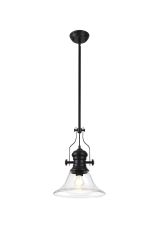 Peninaro 1 Light Pendant E27 With 30cm Smooth Bell Glass Shade, Matt Black/Clear