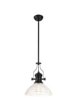 Peninaro 1 Light Pendant E27 With 33.5cm Prismatic Glass Shade, Matt Black/Clear