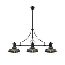 Peninaro 3 Light Linear Multi Height Pendant E27 With 30cm Round Glass Shade, Matt Black, Smoked