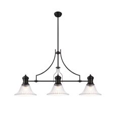 Peninaro 3 Light Linear Multi Height Pendant E27 With 30cm Bell Glass Shade, Matt Black, Clear