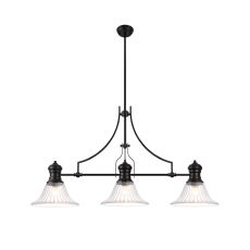 Peninaro 3 Light Linear Pendant E27 With 30cm Bell Glass Shade, Matt Black, Clear