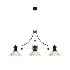 Peninaro 3 Light Linear Multi Height Pendant E27 With 30cm Cone Glass Shade, Matt Black, Clear