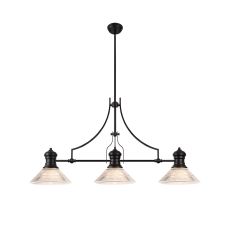 Peninaro 3 Light Linear Pendant E27 With 30cm Cone Glass Shade, Matt Black, Clear