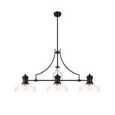 Peninaro 3 Light Linear Multi Height Pendant E27 With 30cm Flat Round Glass Shade, Matt Black, Clear