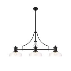 Peninaro 3 Light Linear Pendant E27 With 30cm Flat Round Glass Shade, Matt Black, Clear