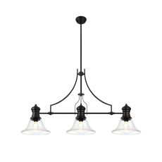 Peninaro 3 Light Linear Multi Height Pendant E27 With 30cm Smooth Bell Glass Shade, Matt Black, Clear