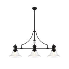 Peninaro 3 Light Linear Pendant E27 With 30cm Smooth Bell Glass Shade, Matt Black, Clear