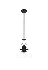 Peninaro Pendant With 38cm Flat Round Shade, 1 x E27, Matt Black/Clear Glass