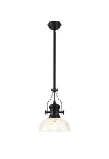 Peninaro Multi Height Pendant With 30cm Flat Round Patterned Shade, 1 x E27, Matt Black/Clear Glass