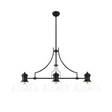 Peninaro Linear Pendant With 38cm Flat Round Shade, 3 x E27, Matt Black/Clear Glass