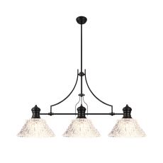 Peninaro Linear Multi Height Pendant With 38cm Patterned Round Shade, 3 x E27, Matt Black/Clear Glass Item Weight: 19.1kg