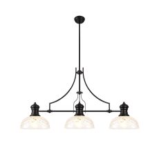 Peninaro Linear Multi Height Pendant With 30cm Flat Round Patterned Shade, 3 x E27, Matt Black/Clear Glass
