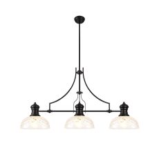 Peninaro Linear Pendant With 30cm Flat Round Patterned Shade, 3 x E27, Matt Black/Clear Glass