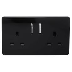 Trendi, Artistic Modern 2 Gang 13Amp Short Switched Double  Socket Gloss Black Finish, BRITISH MADE, (25mm Back Box Required), 5yrs Warranty