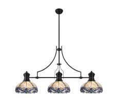 Pizza 3 Light Linear Pendant E27 With 30cm Tiffany Shade, Matt Black, Blue, Clear Crystal